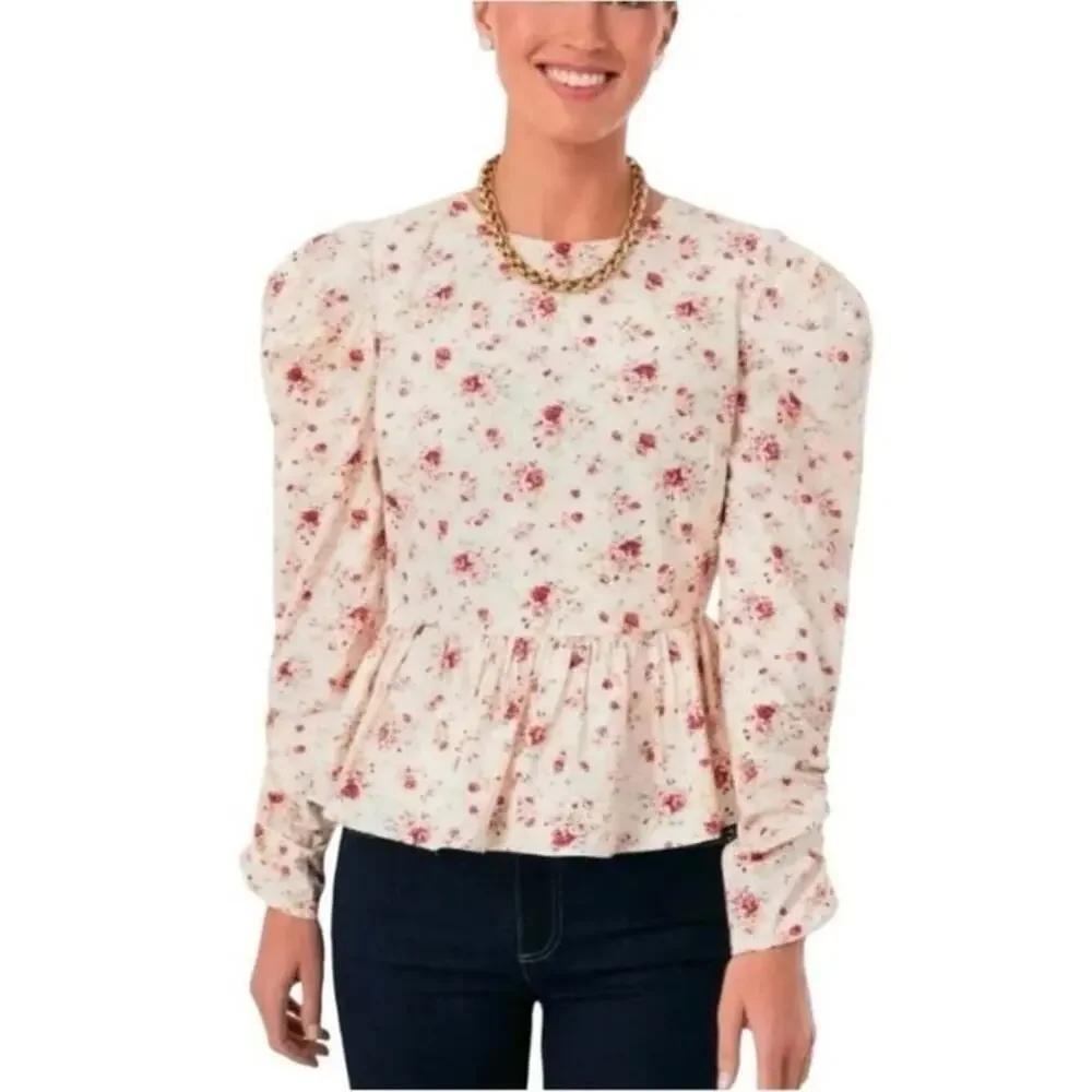 Tuckernuck Hyacinth House Ava Floral Peplum Blouse Medium Preppy Puff Sleeve Top